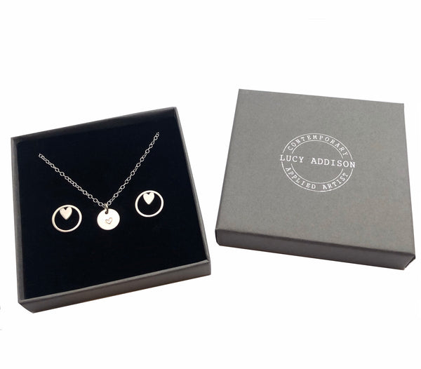 Silver Disc Heart Necklace & Maxi Heart Earrings