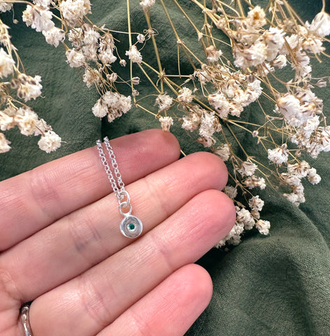 Tiny Silver Necklace, Flush Green CZ