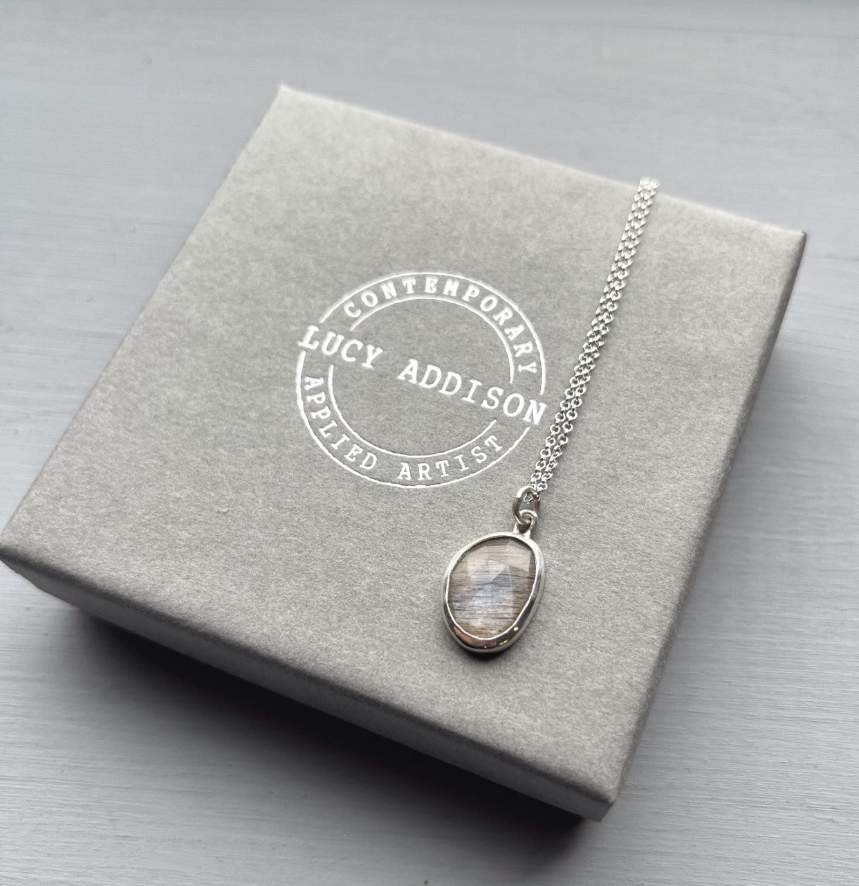 Silver Moonstone Necklace, Heart detail