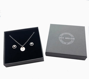 Silver Disc Heart Necklace & Mini Heart Earrings