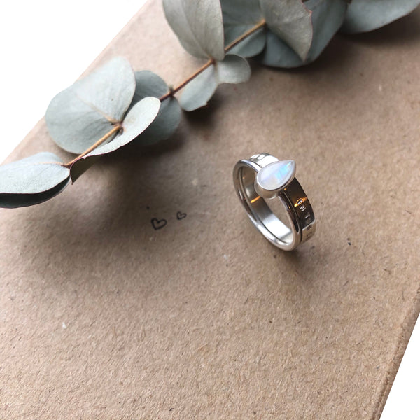 Stacking Rings, Pear Rainbow Moonstone & Personalised Band