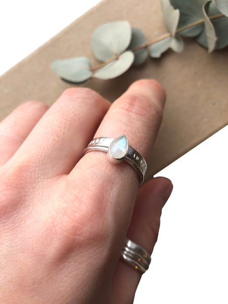 Stacking Rings, Pear Rainbow Moonstone & Personalised Band